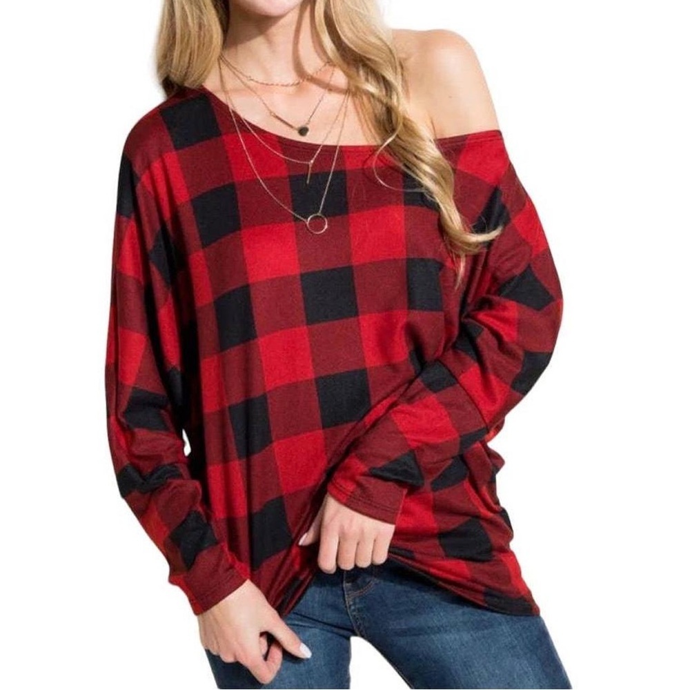 Amazon like new Buffalo plaid boat neck off the shoulder top